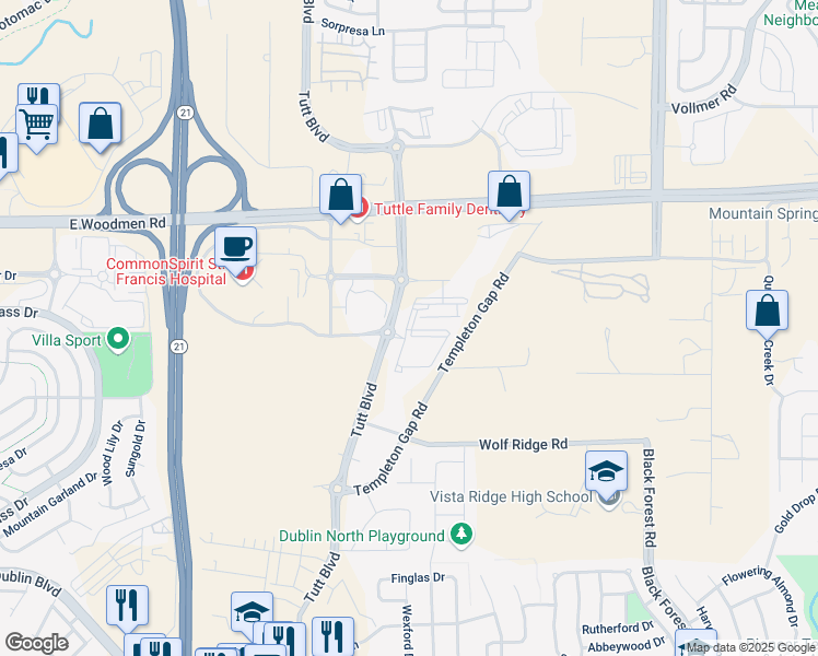 map of restaurants, bars, coffee shops, grocery stores, and more near 7295 Ascent View in Colorado Springs