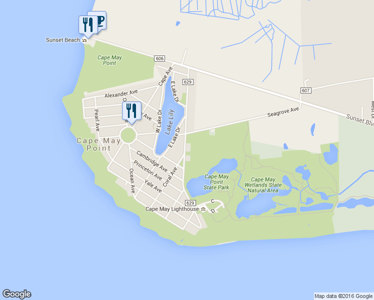 map of restaurants, bars, coffee shops, grocery stores, and more near 501 Light House Avenue in Cape May