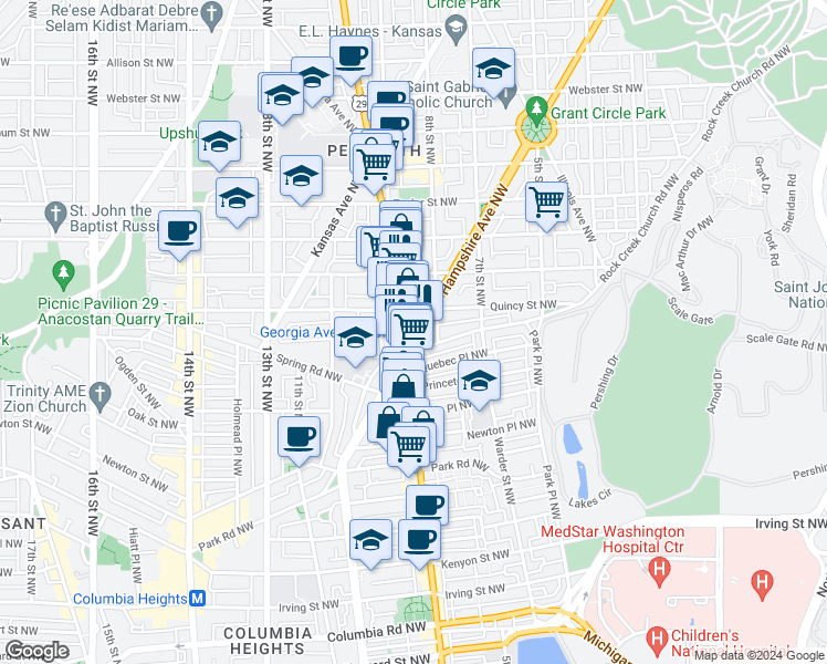map of restaurants, bars, coffee shops, grocery stores, and more near 750 Rock Creek Church Road Northwest in Washington