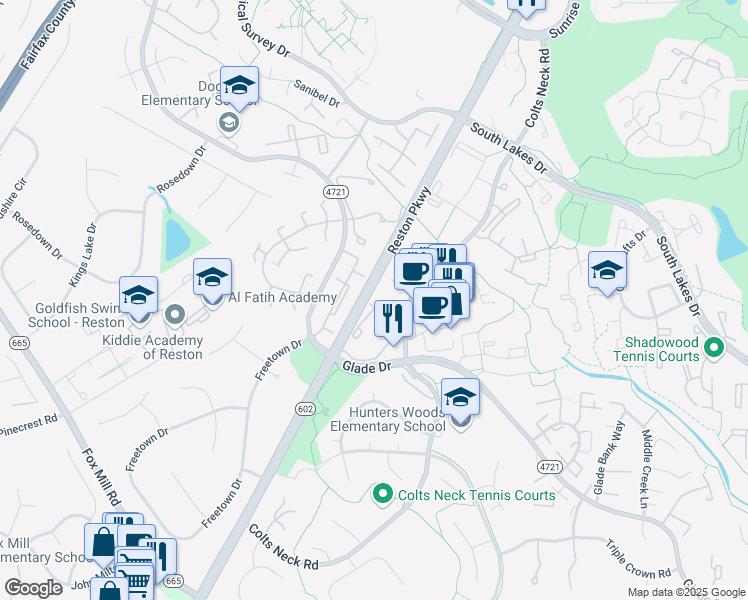 map of restaurants, bars, coffee shops, grocery stores, and more near 2337 Hunters Square Court in Reston
