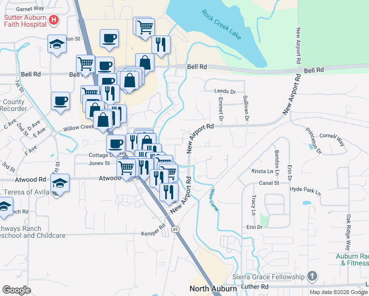 map of restaurants, bars, coffee shops, grocery stores, and more near 12399 New Airport Road in Auburn