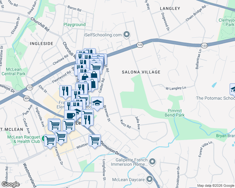 map of restaurants, bars, coffee shops, grocery stores, and more near 1317 Kurtz Road in McLean