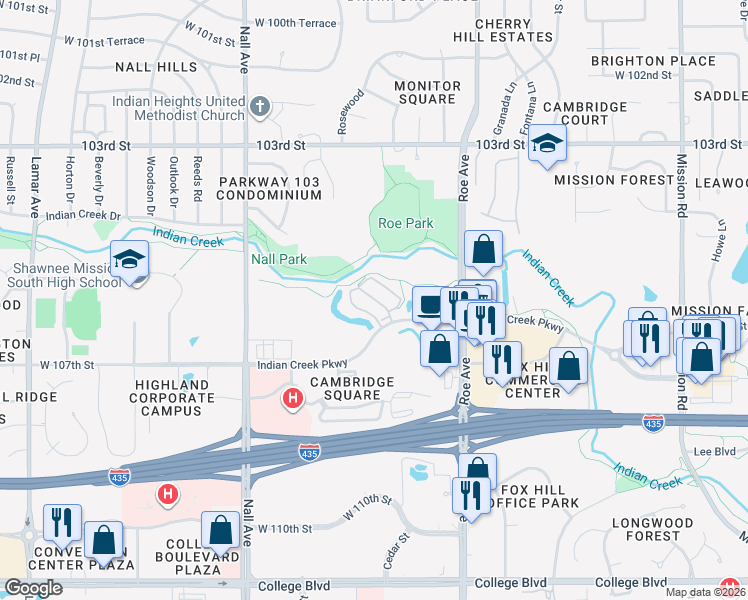 map of restaurants, bars, coffee shops, grocery stores, and more near 5000 Indian Creek Parkway in Overland Park