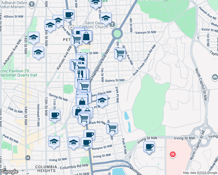 map of restaurants, bars, coffee shops, grocery stores, and more near 626 Rock Creek Church Road Northwest in Washington