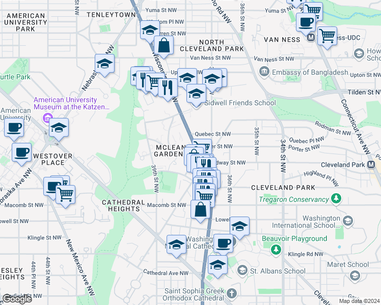 map of restaurants, bars, coffee shops, grocery stores, and more near 3806 Porter Street Northwest in Washington
