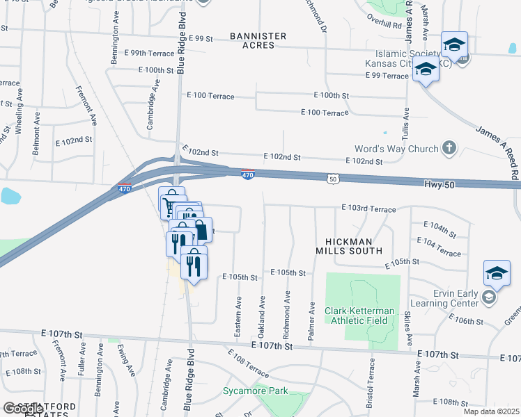 map of restaurants, bars, coffee shops, grocery stores, and more near 10301 Oakland Avenue in Kansas City