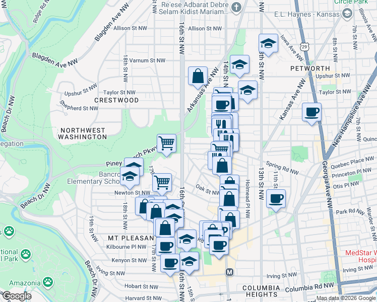 map of restaurants, bars, coffee shops, grocery stores, and more near 1575 Spring Place Northwest in Washington