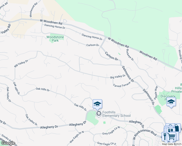 map of restaurants, bars, coffee shops, grocery stores, and more near 1010 Big Valley Drive in Colorado Springs