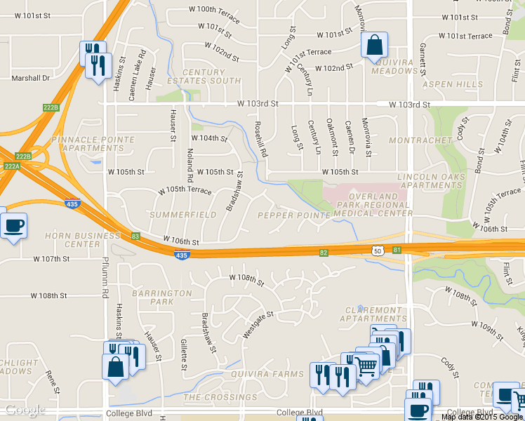 map of restaurants, bars, coffee shops, grocery stores, and more near 10554 Westgate Street in Lenexa