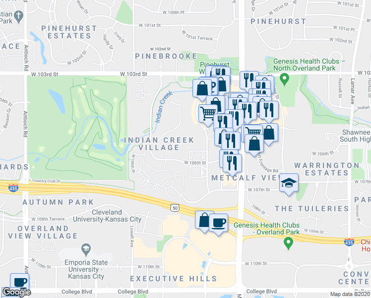 map of restaurants, bars, coffee shops, grocery stores, and more near 10561 Riley Street in Overland Park