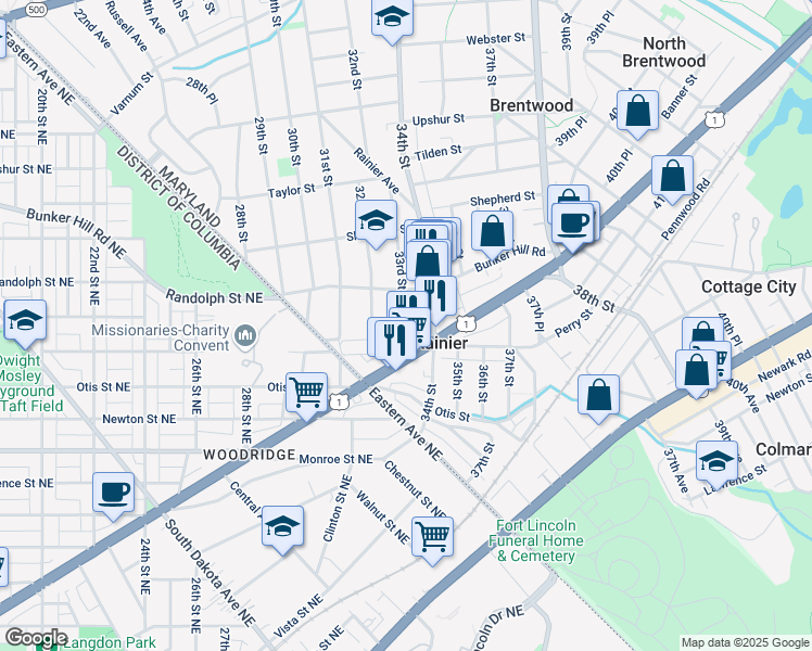map of restaurants, bars, coffee shops, grocery stores, and more near 3803 33rd Street in Mount Rainier