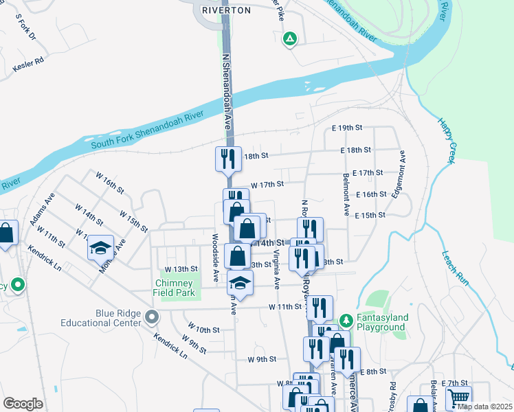 map of restaurants, bars, coffee shops, grocery stores, and more near 120 West 16th Street in Front Royal