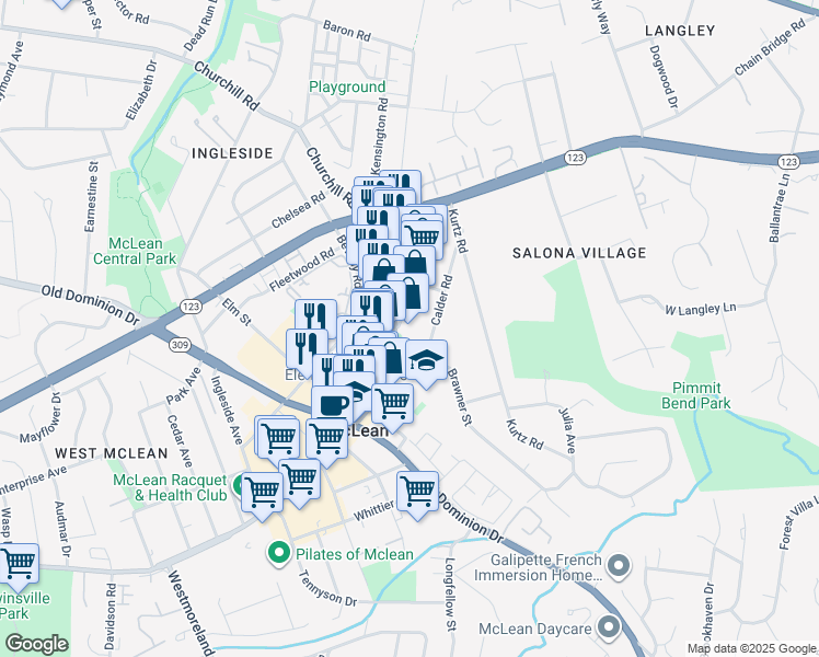 map of restaurants, bars, coffee shops, grocery stores, and more near 1363 Chain Bridge Road in McLean
