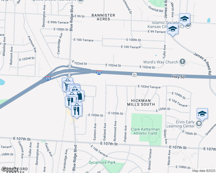 map of restaurants, bars, coffee shops, grocery stores, and more near 10301 Oakland Avenue in Kansas City