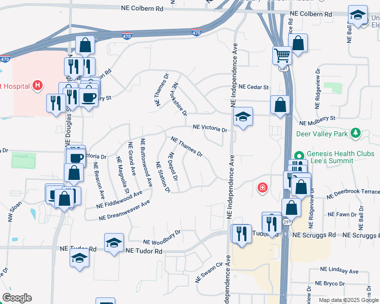 map of restaurants, bars, coffee shops, grocery stores, and more near 1327 Northeast Florence Avenue in Lee's Summit