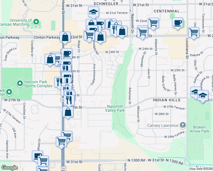 map of restaurants, bars, coffee shops, grocery stores, and more near 1506 West 25th Court in Lawrence