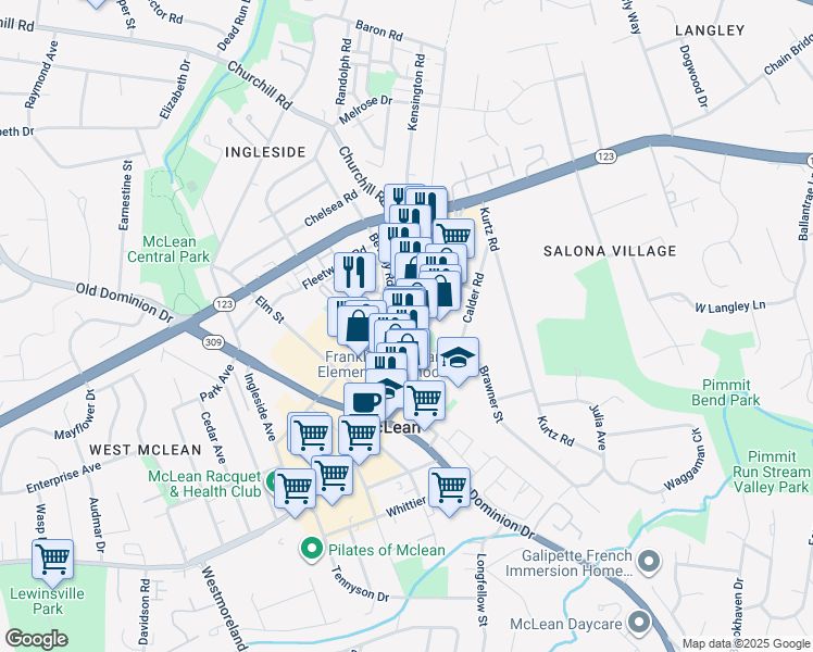 map of restaurants, bars, coffee shops, grocery stores, and more near 1362 Chain Bridge Road in McLean