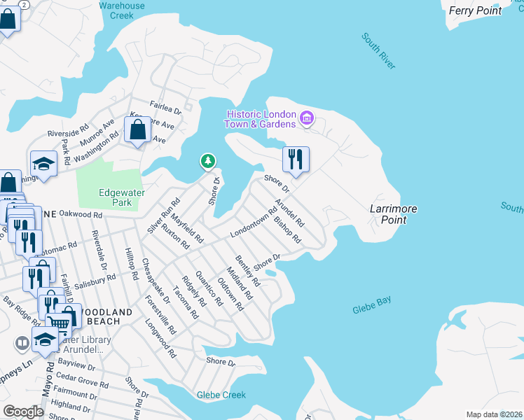 map of restaurants, bars, coffee shops, grocery stores, and more near 1514 Bishop Road in Edgewater