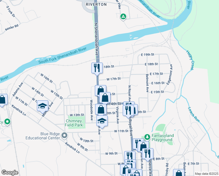 map of restaurants, bars, coffee shops, grocery stores, and more near 120 West 16th Street in Front Royal