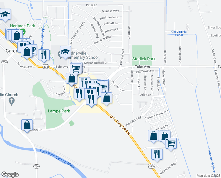 map of restaurants, bars, coffee shops, grocery stores, and more near 1354 El Dorado Drive in Gardnerville