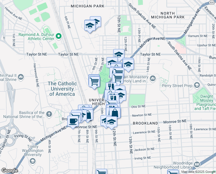 map of restaurants, bars, coffee shops, grocery stores, and more near 1049 Michigan Avenue Northeast in Washington