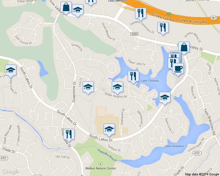 map of restaurants, bars, coffee shops, grocery stores, and more near 2023 Turtle Pond Drive in Reston