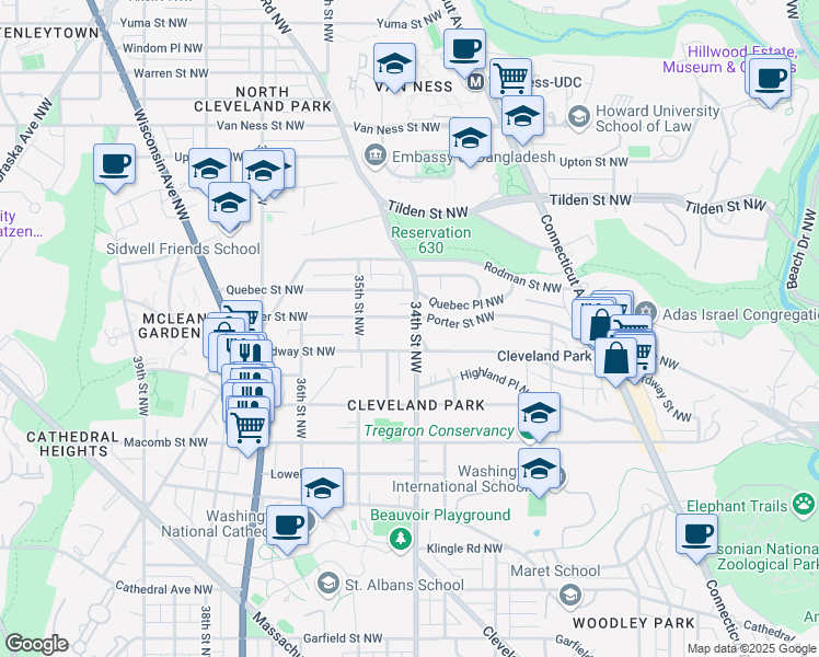 map of restaurants, bars, coffee shops, grocery stores, and more near 3516 34th Street Northwest in Washington