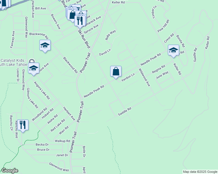 map of restaurants, bars, coffee shops, grocery stores, and more near 1390 Ski Run Boulevard in South Lake Tahoe