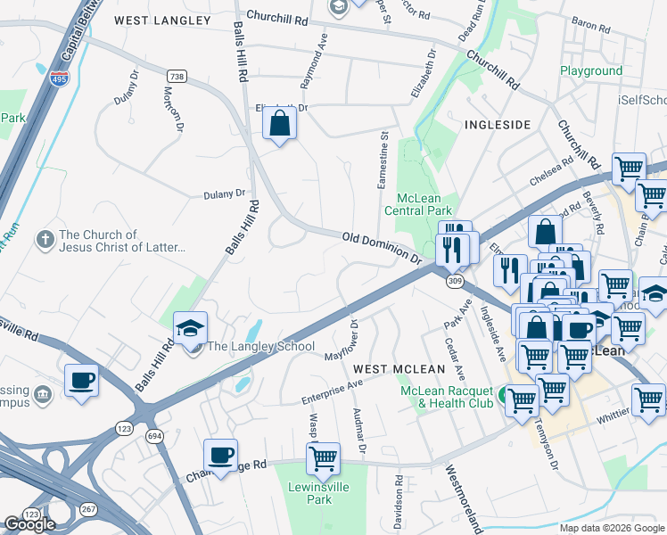map of restaurants, bars, coffee shops, grocery stores, and more near 1332 Mayflower Drive in McLean