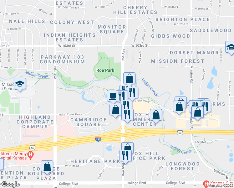 map of restaurants, bars, coffee shops, grocery stores, and more near 4700 Indian Creek Parkway in Overland Park