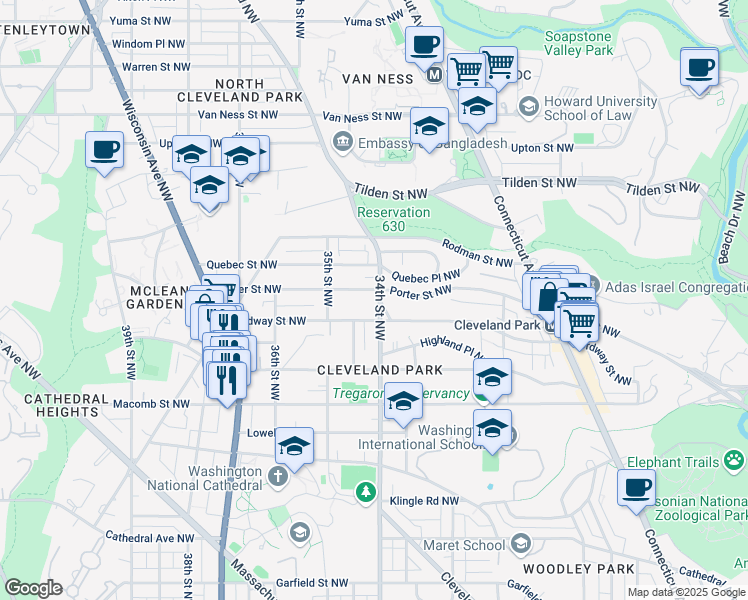 map of restaurants, bars, coffee shops, grocery stores, and more near 3516 34th Street Northwest in Washington