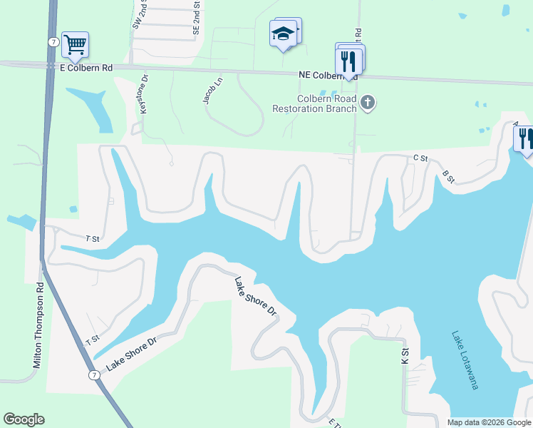map of restaurants, bars, coffee shops, grocery stores, and more near 35 Lake Shore Drive in Lake Lotawana