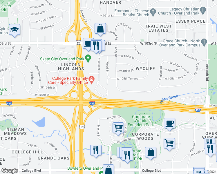 map of restaurants, bars, coffee shops, grocery stores, and more near 10533 Wedd Street in Overland Park