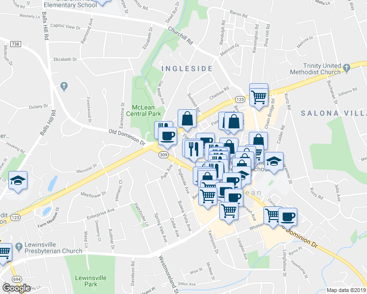 map of restaurants, bars, coffee shops, grocery stores, and more near 6869 Elm Street in McLean