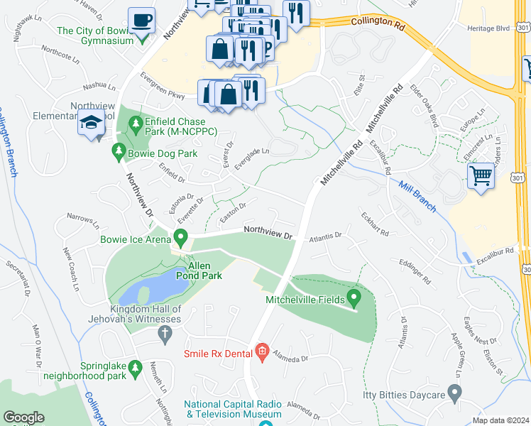 map of restaurants, bars, coffee shops, grocery stores, and more near 3438 Elenoir Court in Bowie