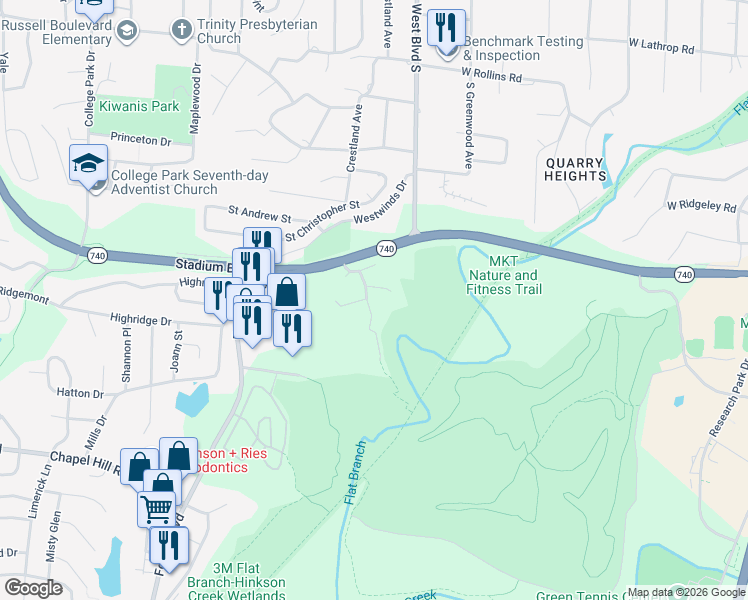 map of restaurants, bars, coffee shops, grocery stores, and more near 1208 White Oak Lane in Columbia