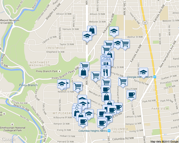 map of restaurants, bars, coffee shops, grocery stores, and more near 1575 Spring Place Northwest in Washington