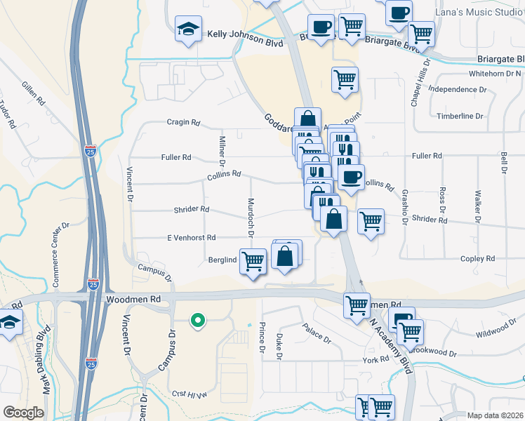 map of restaurants, bars, coffee shops, grocery stores, and more near 1258 Shrider Road in Colorado Springs