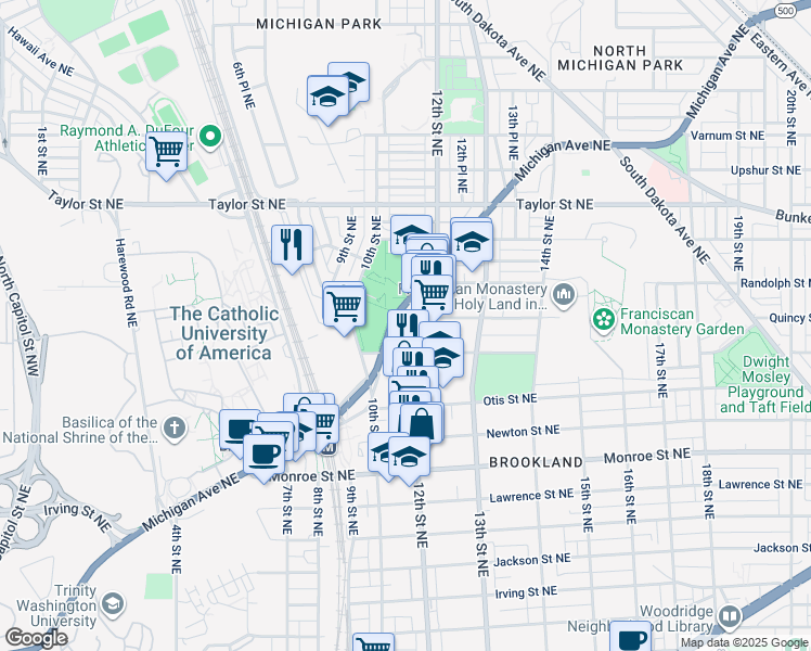 map of restaurants, bars, coffee shops, grocery stores, and more near 1027 Quincy Street Northeast in Washington