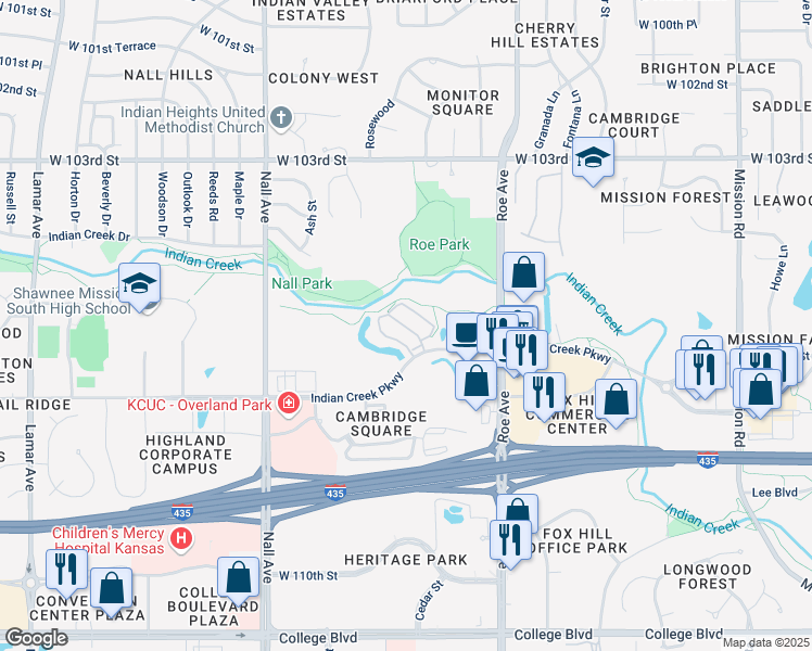 map of restaurants, bars, coffee shops, grocery stores, and more near 5020 Indian Creek Parkway in Overland Park