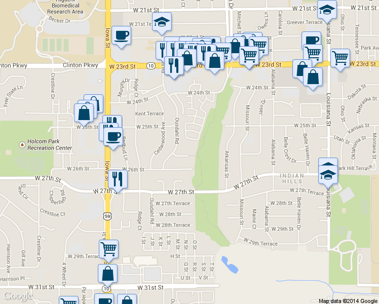 map of restaurants, bars, coffee shops, grocery stores, and more near 1502 West 25th Court in Lawrence