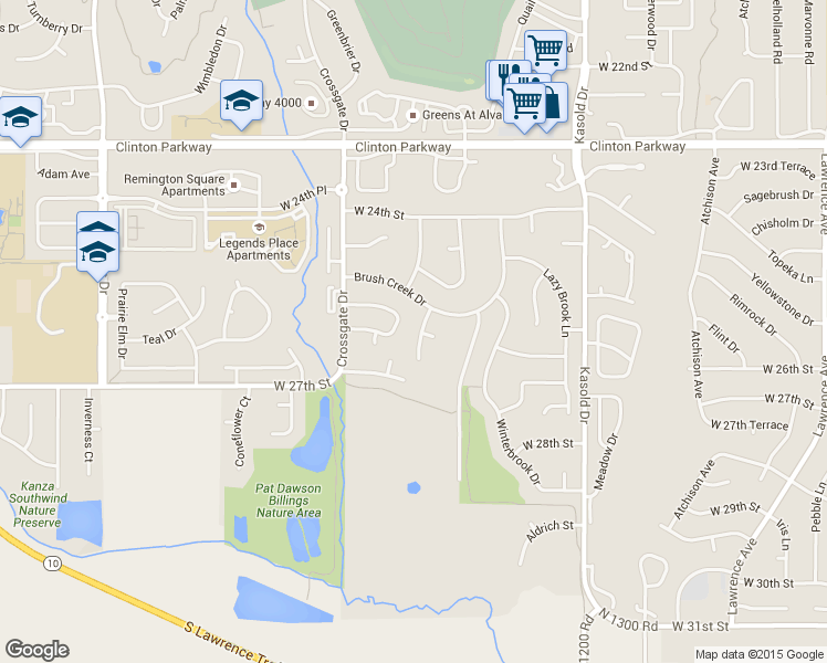 map of restaurants, bars, coffee shops, grocery stores, and more near 2517 Morningside Drive in Lawrence
