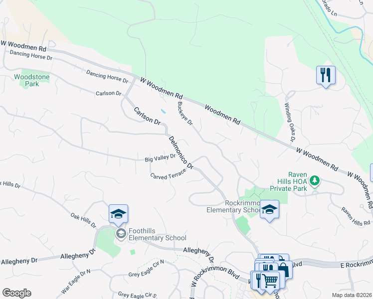 map of restaurants, bars, coffee shops, grocery stores, and more near 425 Delmonico Ct in Colorado Springs