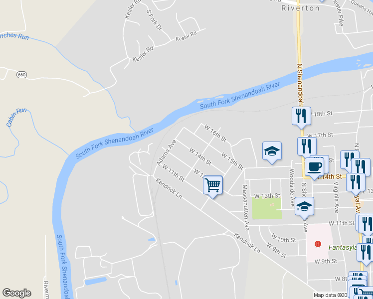 map of restaurants, bars, coffee shops, grocery stores, and more near 828 West 14th Street in Front Royal