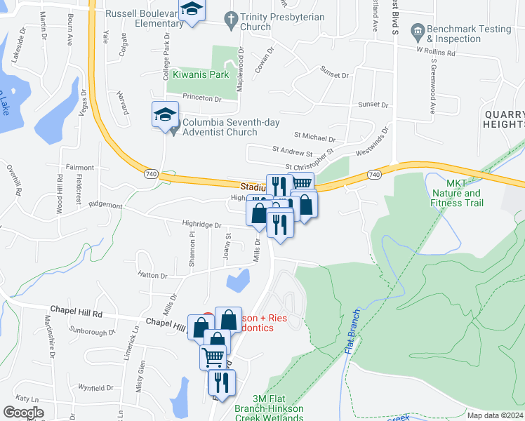 map of restaurants, bars, coffee shops, grocery stores, and more near 1664 Highridge Circle in Columbia