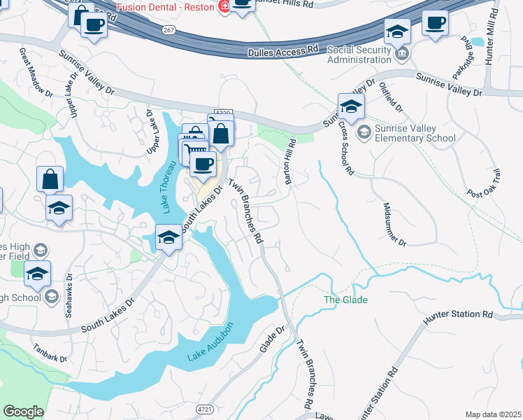 map of restaurants, bars, coffee shops, grocery stores, and more near 11020 Solaridge Drive in Reston