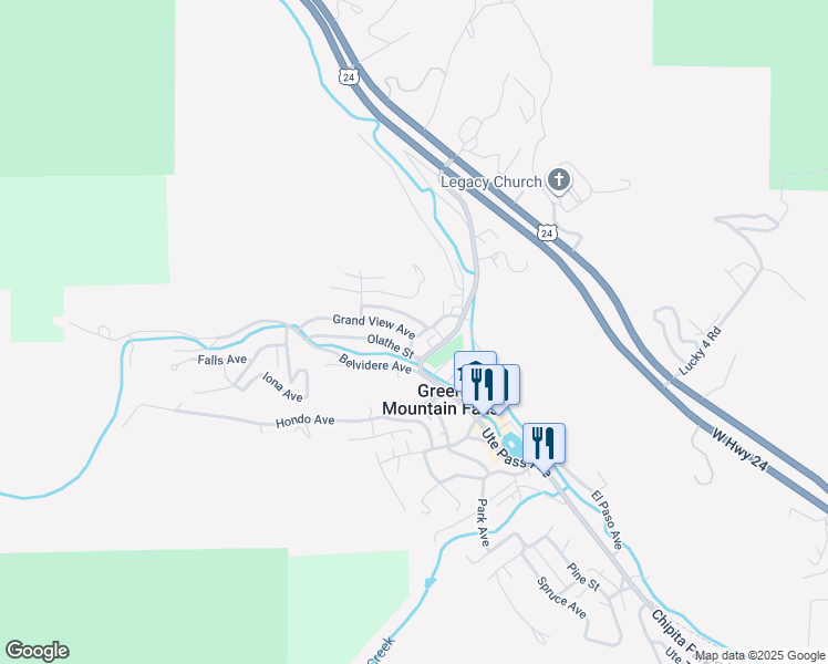 map of restaurants, bars, coffee shops, grocery stores, and more near 10710 Grand View Avenue in Green Mountain Falls