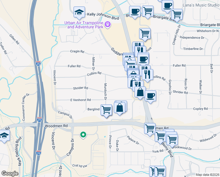 map of restaurants, bars, coffee shops, grocery stores, and more near 1258 Shrider Road in Colorado Springs