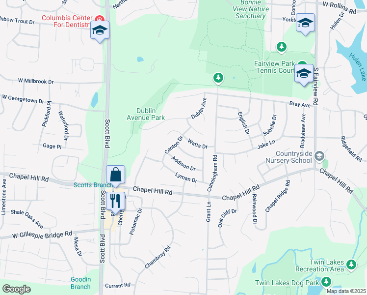 map of restaurants, bars, coffee shops, grocery stores, and more near 3805 Bedford Drive in Columbia
