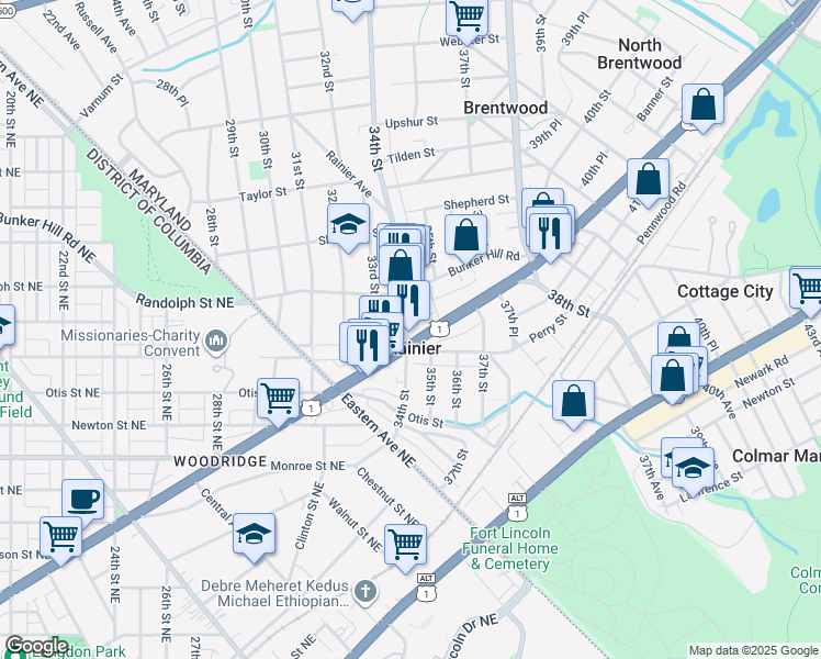 map of restaurants, bars, coffee shops, grocery stores, and more near 101 Independence Avenue Southeast in Washington